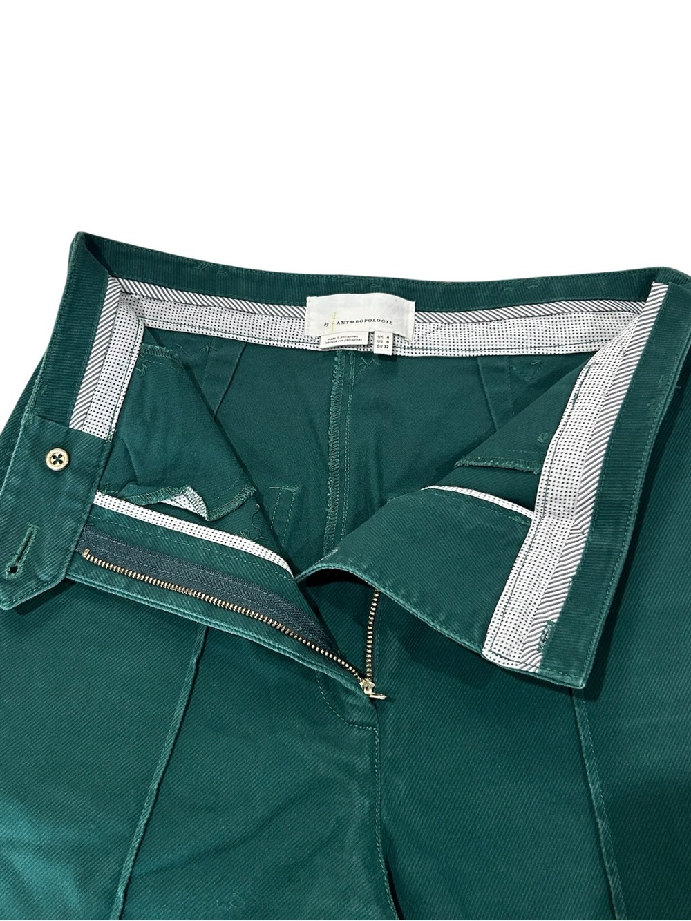 Anthropologie High Rise Wide Leg Flared Pants 1970's Deep Teal Green Sz 0 Cotton - Picture 6 of 12
